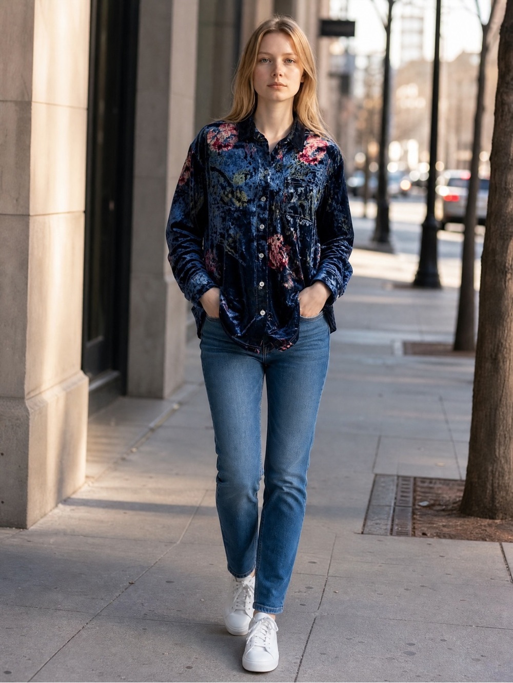 New Belle By Kim Gravel Crushed Velvet Blue Floral Button Down Shirt Size M